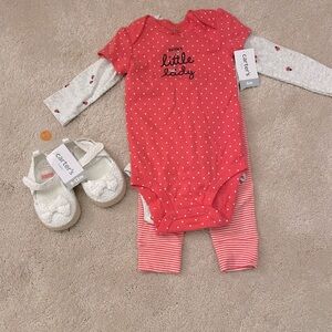 NWT size 6 month three piece set from Carter’s bundled with sandals.